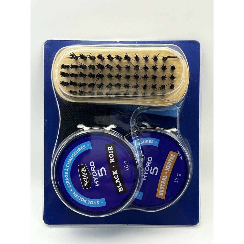 Schick Hydro 5 Shoe Polish Kit New Neutral Black Polish Brush Cloth Bag